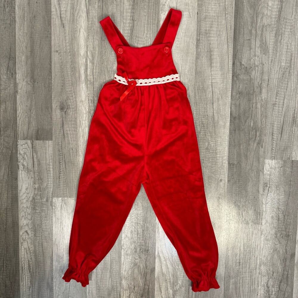VINT Toddler Red Velour Jumpsuit 4T Holiday Overalls Lace Bow Christmas Outfit
